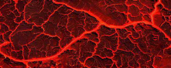 Close-up of fiery red lava like texture with vibrant orange channels. Intense crimson and scarlet hues dominate the molten landscape, rivulets ablaze. - obrazy, fototapety, plakaty