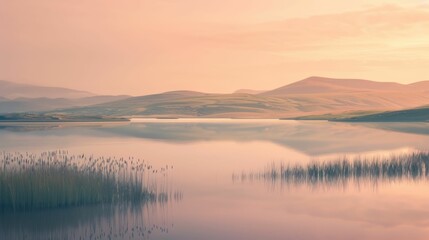 Serene Pastel Sunrise Over Tranquil Lake and Rolling Hills