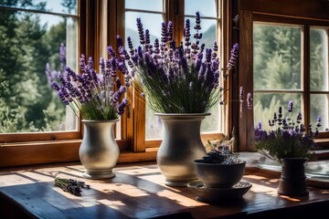A snapshot of a vase filled with lavender on a sun-drenched windowsill in a cottage