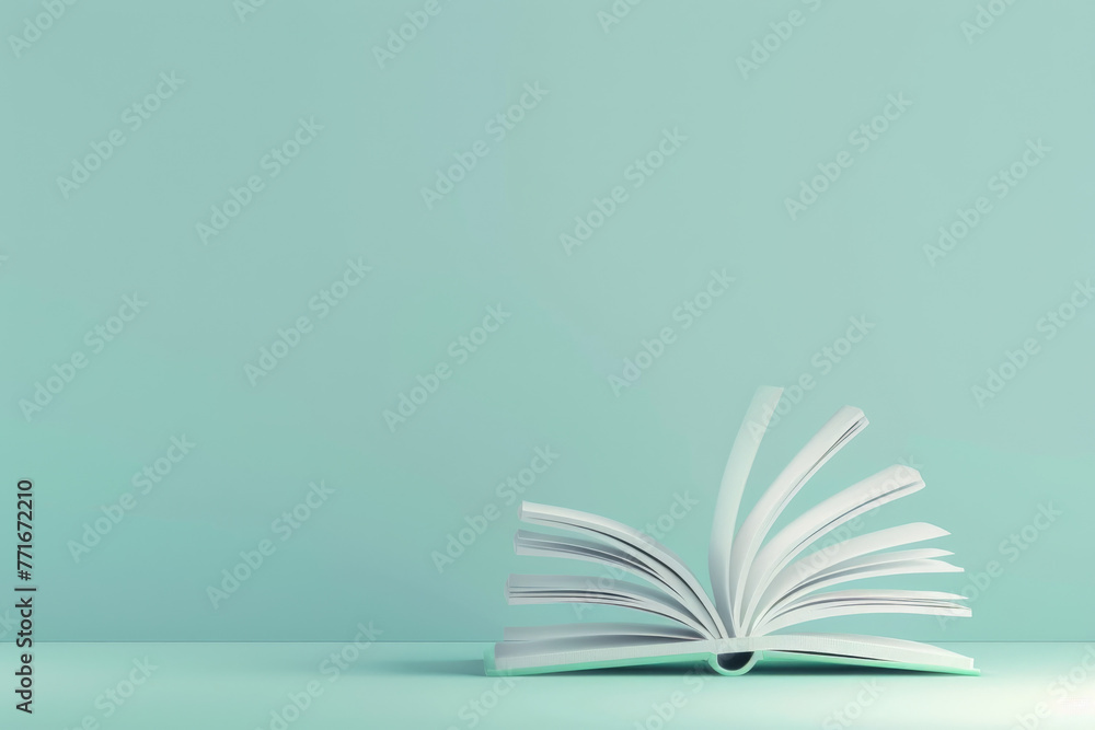 Poster a book is open on a table with a green background. the book is open to a page with a white lettering