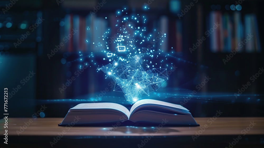 Poster vintage book floating above a desk with energy and astrological sign flowing out of it blur backgrou