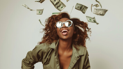 A joyful woman with sunglasses surrounded by flying dollar bills. - obrazy, fototapety, plakaty