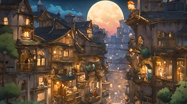 view of dense residential areas with a bright moon, anime cartoon