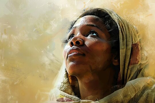 Closeup portrait of biblical character, black woman wearing shawl looking up with faith, digital painting