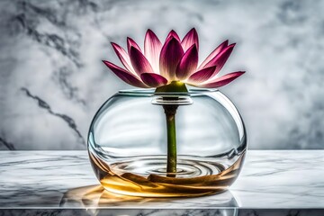 A piece of art with a single lotus in a clear glass vase that is set atop a circular marble table