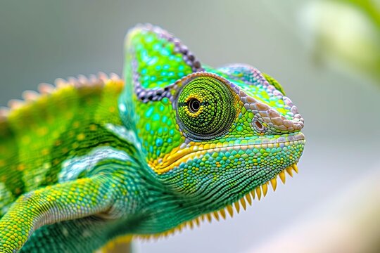 Close-up of vibrant green chameleon, exotic reptile portrait, animal photography illustration