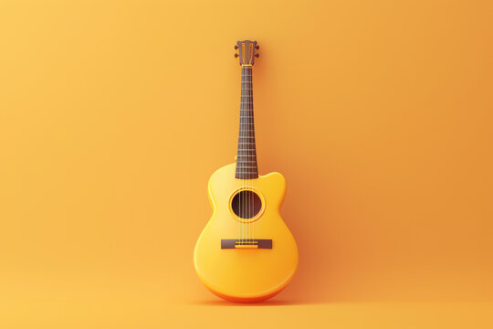 A yellow guitar is on a yellow background. The guitar is a toy and is not real. The yellow background gives the image a bright and cheerful mood