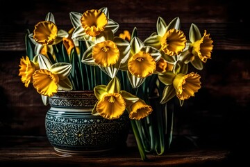 The fine details of a daffodil arrangement in a ceramic vase resting on a rustic shelf are captured in this macro image. 