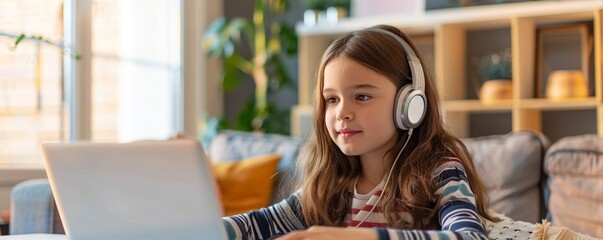 Home becomes a classroom for an eager young girl her headset and laptop opening up a universe of knowledge