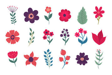 Fototapeta na wymiar Floral spring set with flat style doodle abstract flowers and leaf. Colorful flowers in a flat style cartoon on a white background. Collection of leaves sketch hand drawn style. Vector illustration.