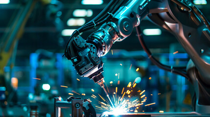 In the heart of innovation a robotic arm welds with precision sparks flying as a testament to advanced manufacturing