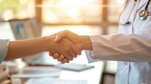 Doctor shakes hands with his patient in medical office in blur background copy space.