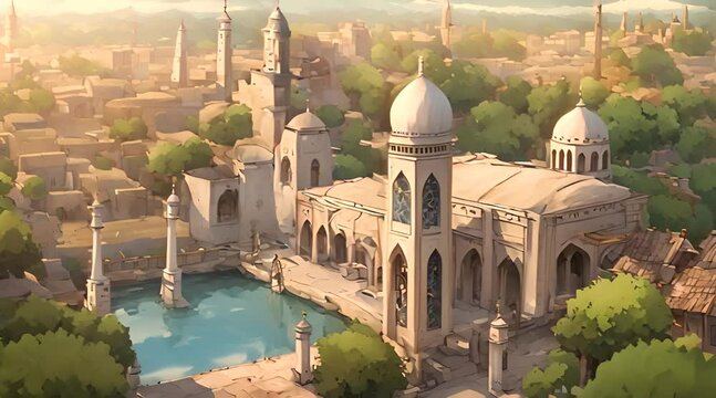 view of the mosque with classical architecture, view from above, cartoon anime