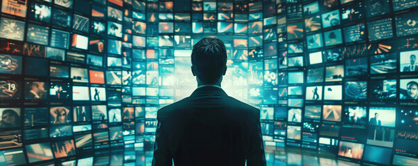 Enveloped in a cocoon of screens a business figure wrestles with the barrage of data and social medias constant call