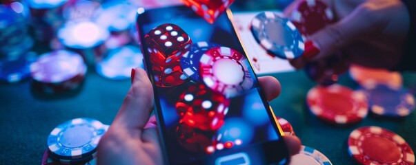 Hands holding a smartphone the screen alive with an online casinos allure poker chips and cards floating digitally - obrazy, fototapety, plakaty