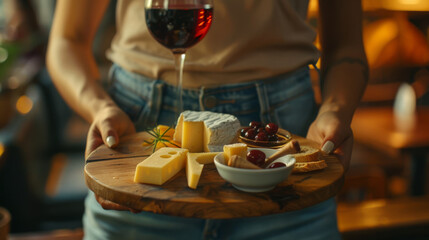 Obraz na płótnie Canvas A cheese assortment with honey on a wooden board, accompanied by a glass of red wine held by someone.