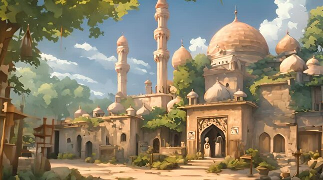 big and beautiful mosque with clear sky, anime cartoon