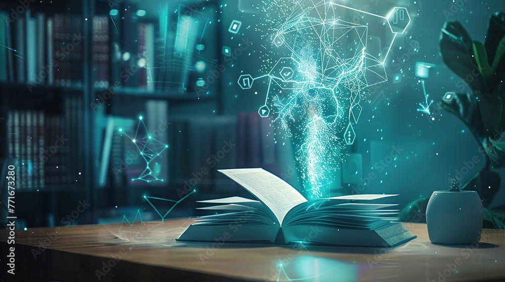 Poster a book floating above a desk with energy a magical sparks and smoke,