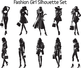 Fototapeta na wymiar Fashion Girl Silhouette Vector Illustration set