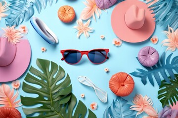 A stylish summer-themed collection with accessories and tropical plants on a pastel blue backdrop.