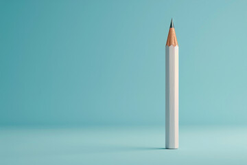 A pencil is standing upright on a blue background. The pencil is the only object in the image, and it is the main focus. Concept of simplicity and minimalism, as the only object is a single pencil