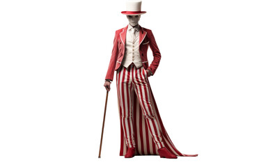 A stylish man wearing a red and white suit and top hat