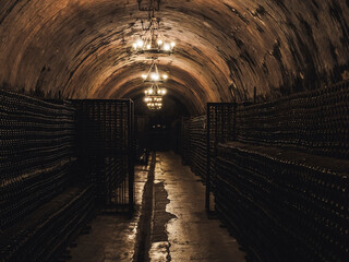 high arched ceiling with chandeliers and rows of champagne bottles in the corridor of old winery