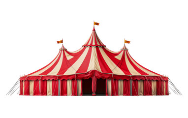 A vibrant red and white circus tent stands proudly with a flag waving on top