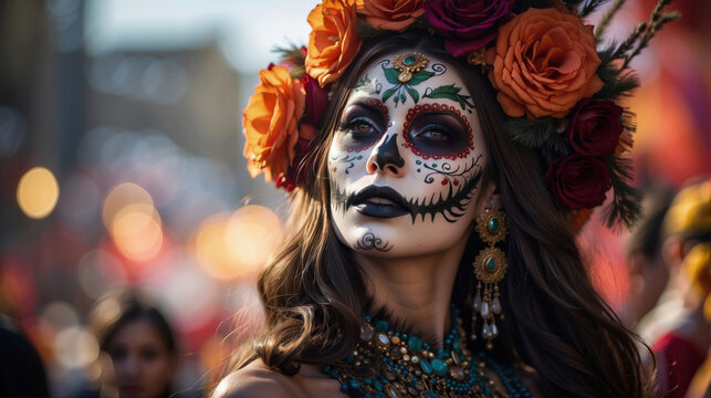 beautiful woman with painted skull on her face for Mexico's Day of the Dead
