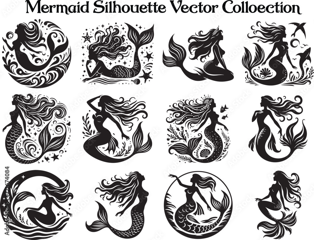 Wall mural mermaid silhouette vector illustration set - Wall murals