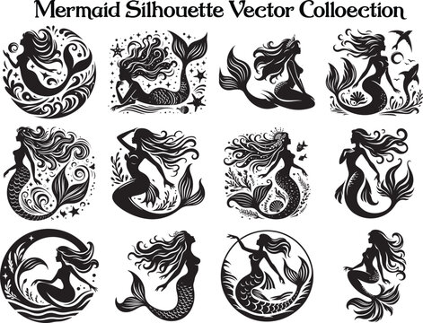 Mermaid Silhouette Vector Illustration set