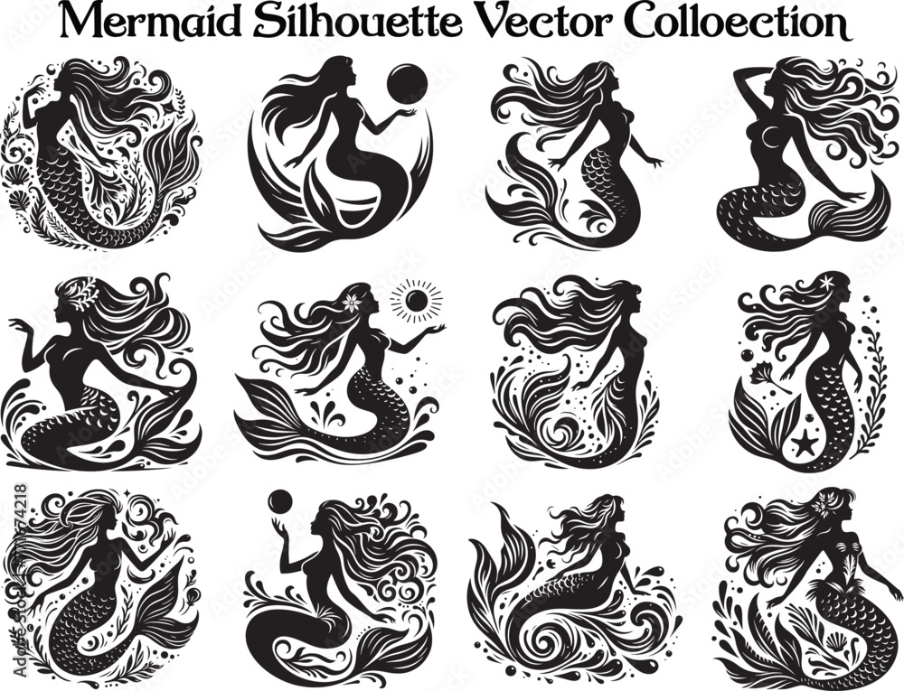 Wall mural mermaid silhouette vector illustration set - Wall murals