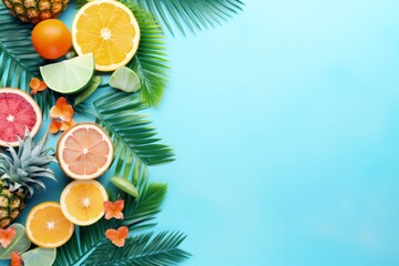 Tropical Citrus Frame Background.  Fresh summer fruits on blue