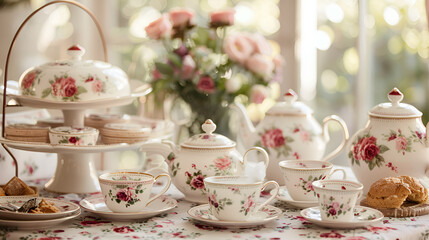 Fototapeta premium Elegant Tea Affair: White Tea Set with Pink Floral Pattern and Pink Rose Bouquet Decorations