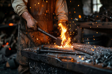 A blacksmith heating an iron tool in a forge
