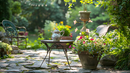 Evening Elegance: Tea Pot on Garden Table amidst Flowery Splendor