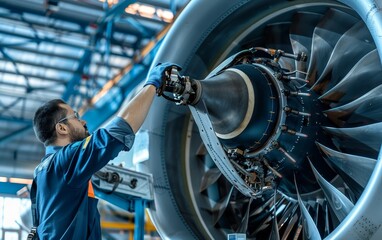 A technician in a blue uniform stands before a massive jet engine, inspecting it meticulously within an aircraft hangar.