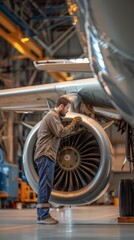 Aircraft engineer in a reflective workwear carefully inspects a turbine engine, ensuring aviation safety standards within the maintenance hangar.