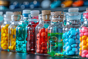 Glass bottles containing colorful medicine, liquid potions, and candy in jars, representing medical dosage - obrazy, fototapety, plakaty