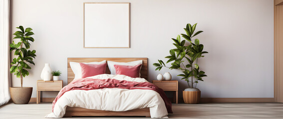 Mockup frame hanging above bed in bedroom with plants, windows and empty blank beige wall.