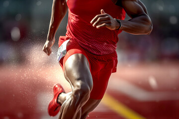 Fototapeta na wymiar close up of Male Athlete legs Sprinting on Track Field