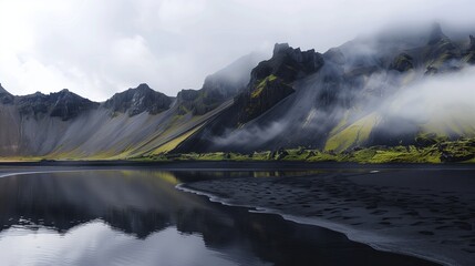 Mountains, water and black sand in Iceland