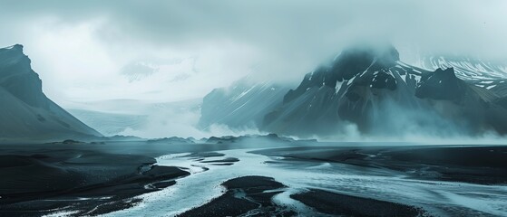 Mountains, water and black sand in Iceland - obrazy, fototapety, plakaty