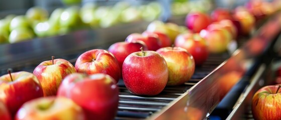 Close-up of glossy red apples on an industrial processing line, showcasing the beauty of agricultural produce in mass production.