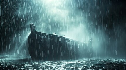Noah's Ark amidst the pouring rain during the flood. A biblical story from the Old Testament - obrazy, fototapety, plakaty