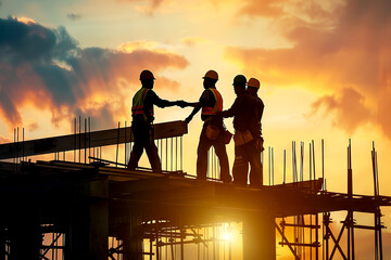 group of Engineers silhouettes Handshaking on Construction Scaffold Against Sunset Sky