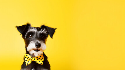 Dog in yellow polka dot bow tie on vibrant lime background with negative copy space