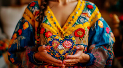 woman holding heart of ukraine flag in hands. selective focus. .