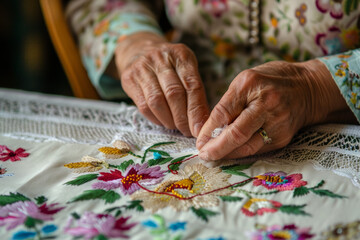 A woman intricately embroidering a tablecloth with floral patterns
