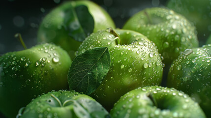 Glistening with water droplets, green apples fill the frame with freshness and vitality.